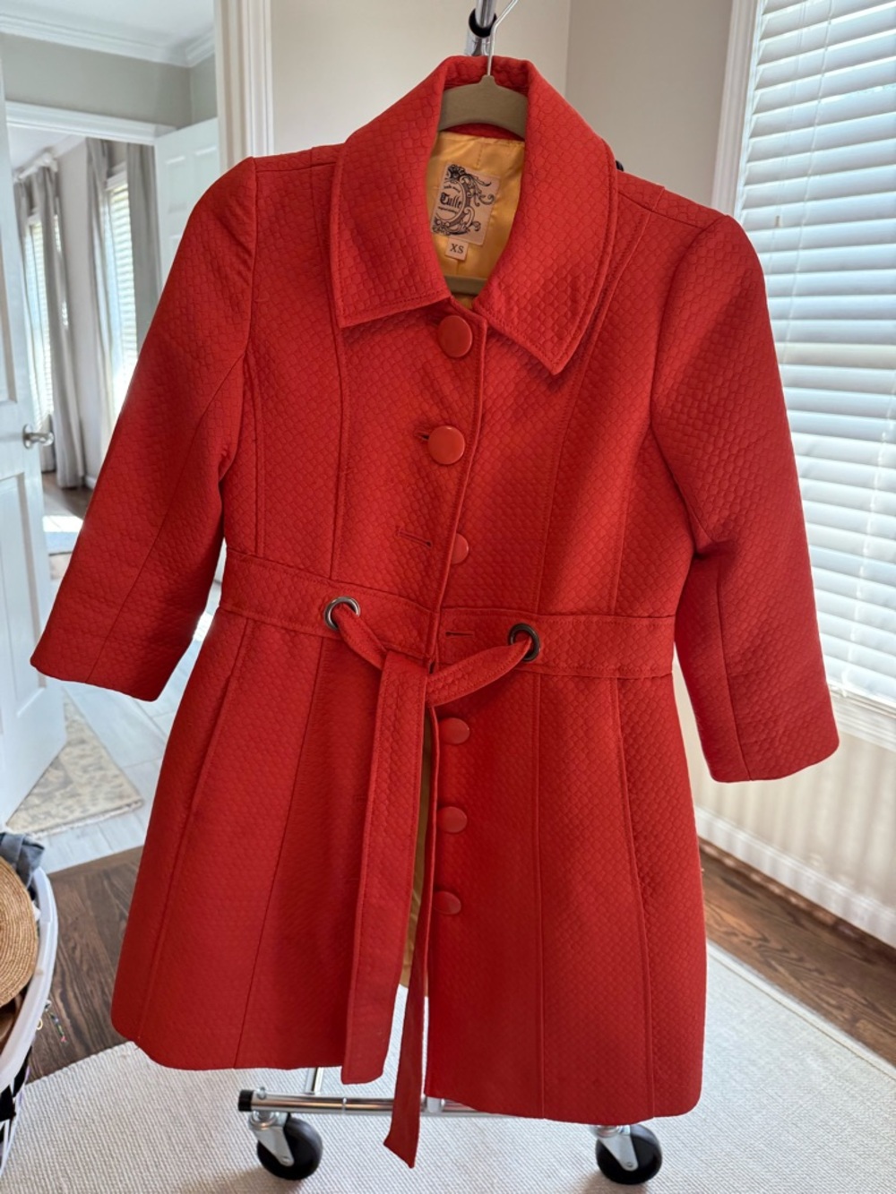 Women's Red Textured Belted Coat - Brand: